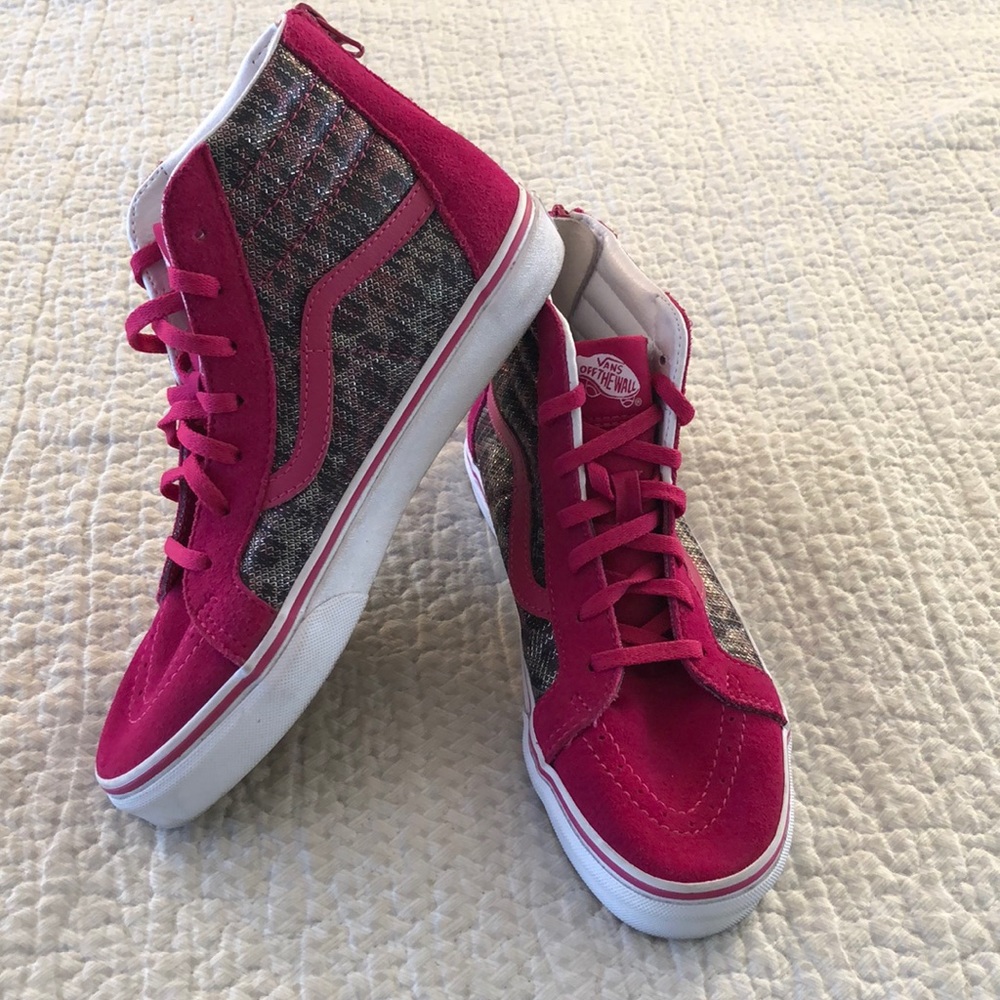 Pink & sparkling gray high top Vans